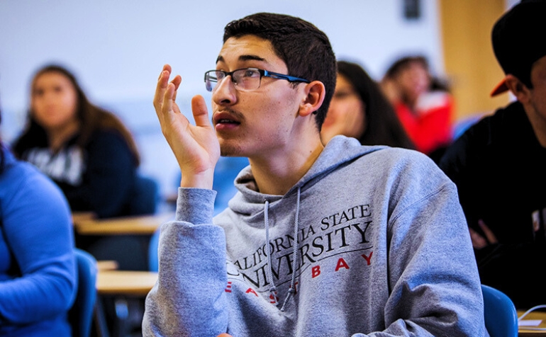 Student raising their hand in class