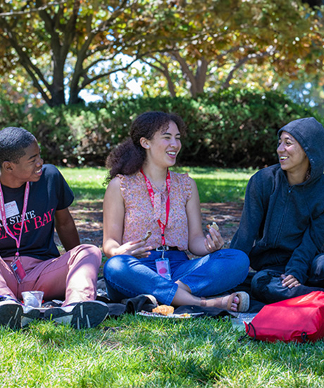 Three students sitting on the grass