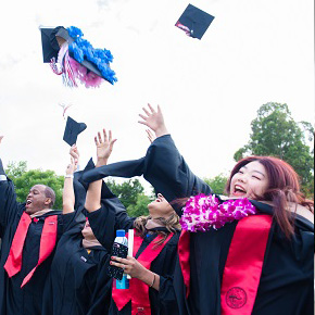Students throwing caps into air for graduation 
