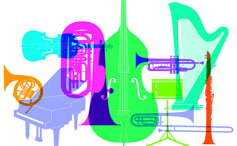 Graphic of musical instruments in many colors