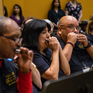  Three people in tshirts play the harmonica