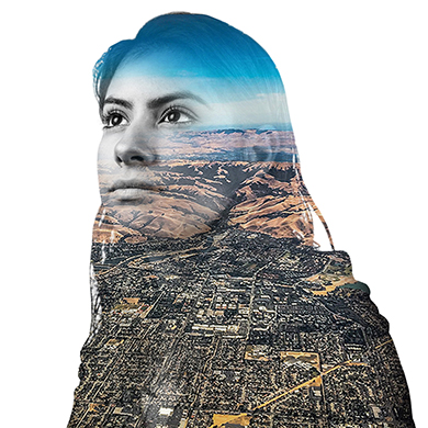  portrait of a woman with an aerial view of hayward (streets and hills) filling in her body