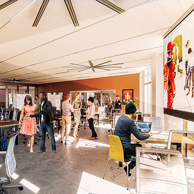  Artist rendering of the inside of a new building with students studying, chatting and working