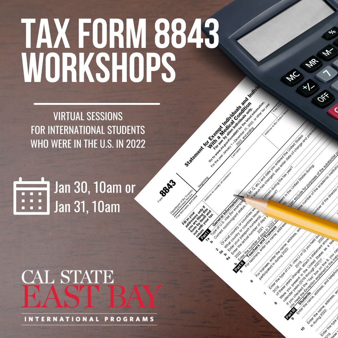 tax form 8843 with calculator and pencil