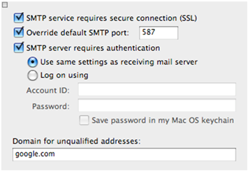 SMTP services require..., override default smtp port:587, SMPT server requires authentication, and use same setting as receiving mail server selected