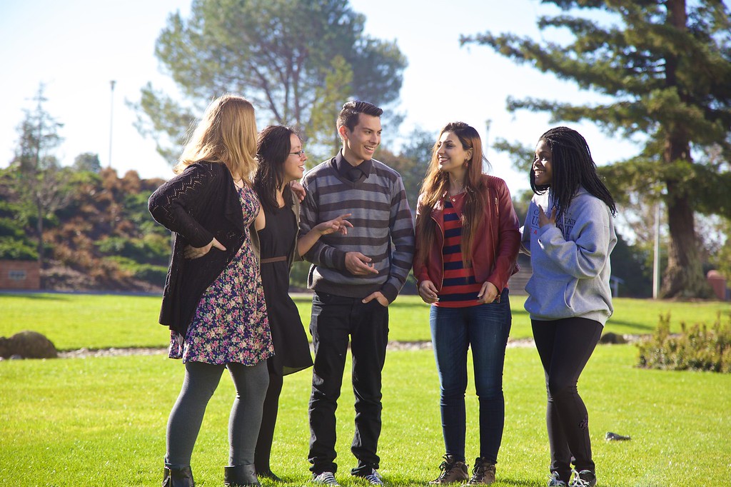 Students standing in grass talking