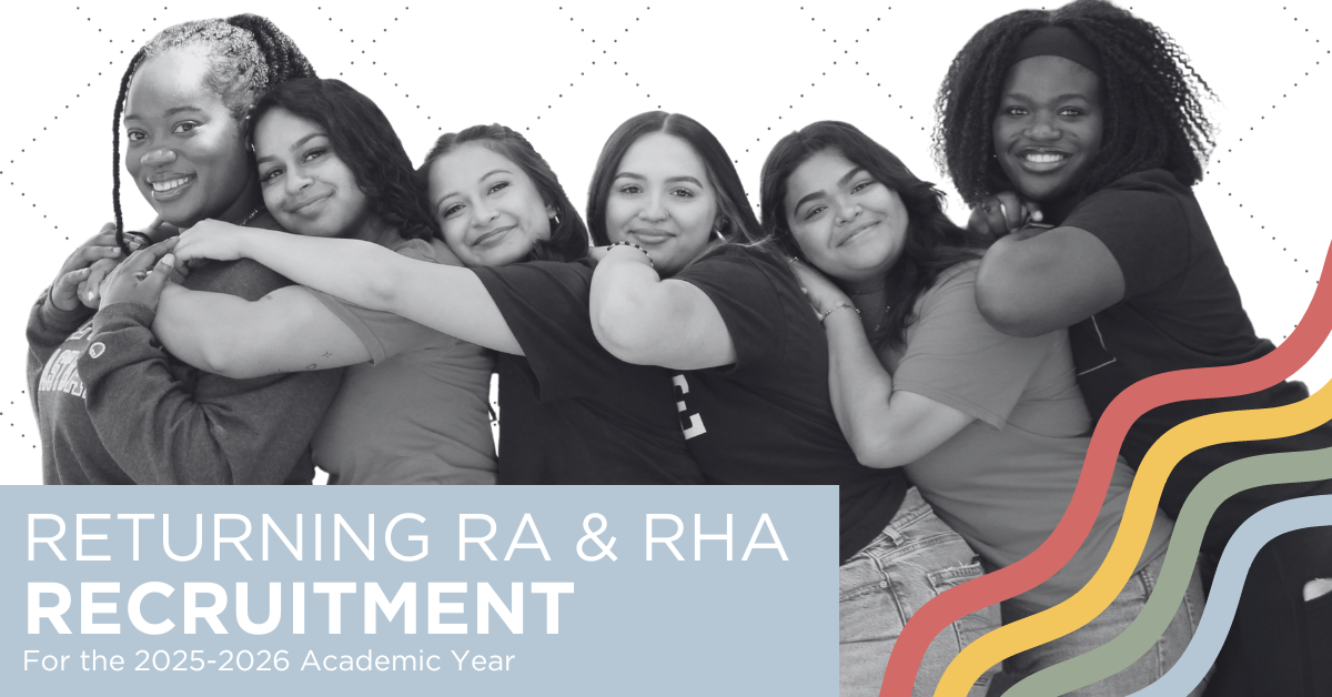 Picture of 4 student leaders wearing Cal State East Bay apparel standing in front of a residence hall with their arms around each other and laughing.