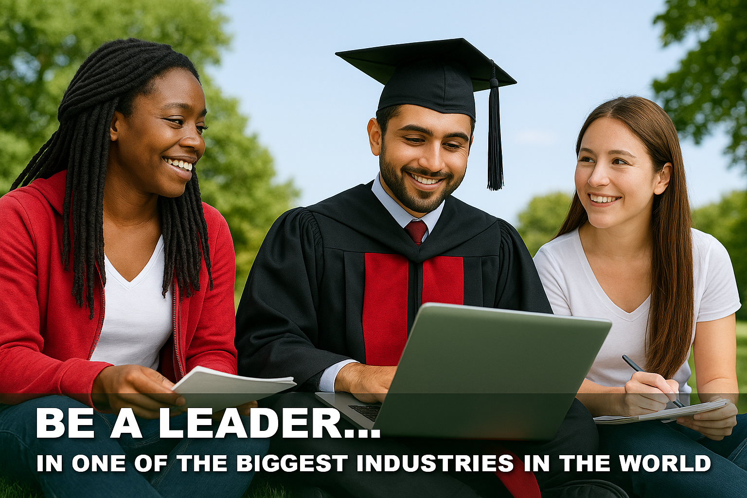 Three smiling students, one of them in their regalia. There is text at the bottom that says "Be a leader in one of the biggest industries in the world"