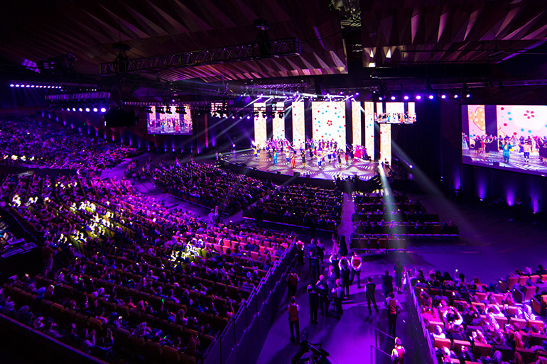 A theater hosting a large performance event