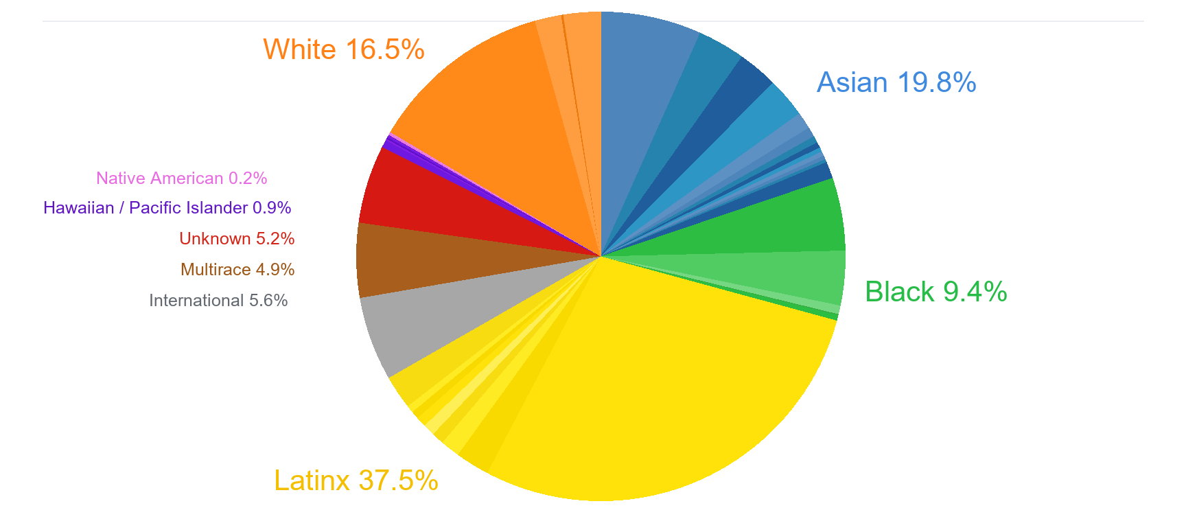 Pie chart showing racial/ethnic demographics: Latinx 37.5% (largest), Asian 19.8%, White 16.5%, Black 9.4%, International 5.6%, Unknown 5.2%, Multirace 4.9%, Hawaiian/Pacific Islander 0.9%, and Native