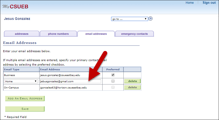 arrow pointing to email field