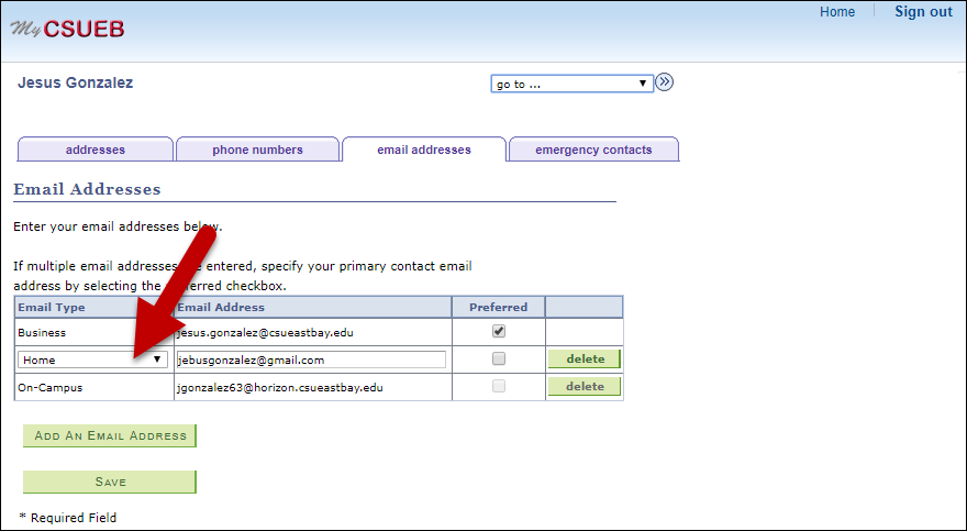 arrow pointing to email type
