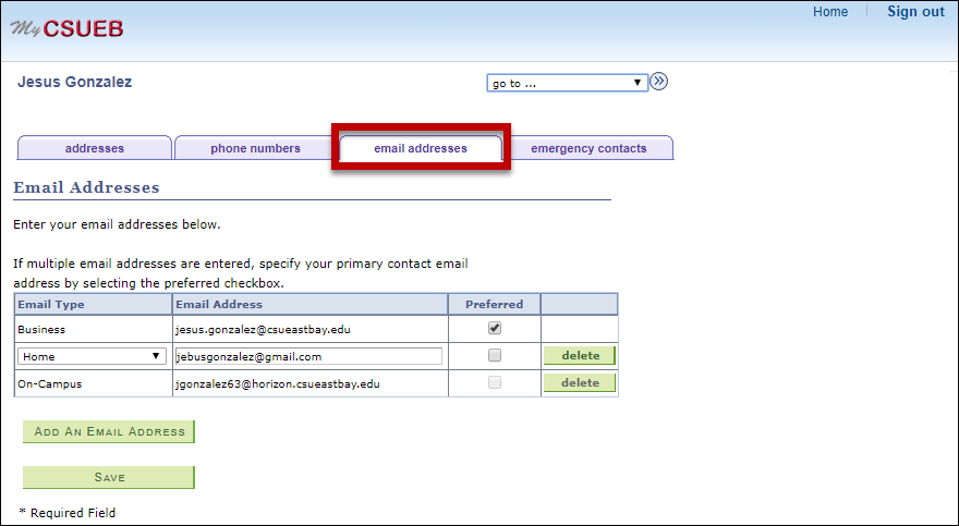 email addresses tab highlighted