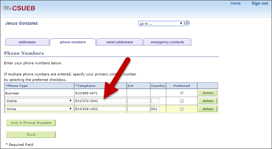 arrow pointing to contact field