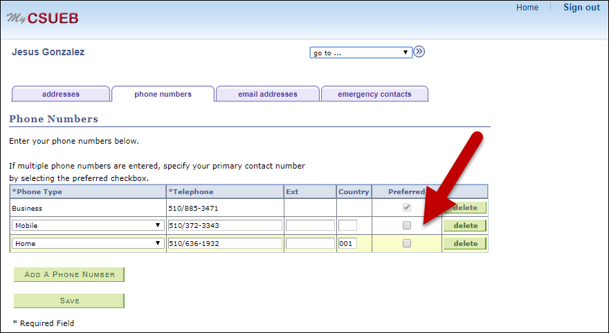 arrow pointing to check box to the right of the telephone number
