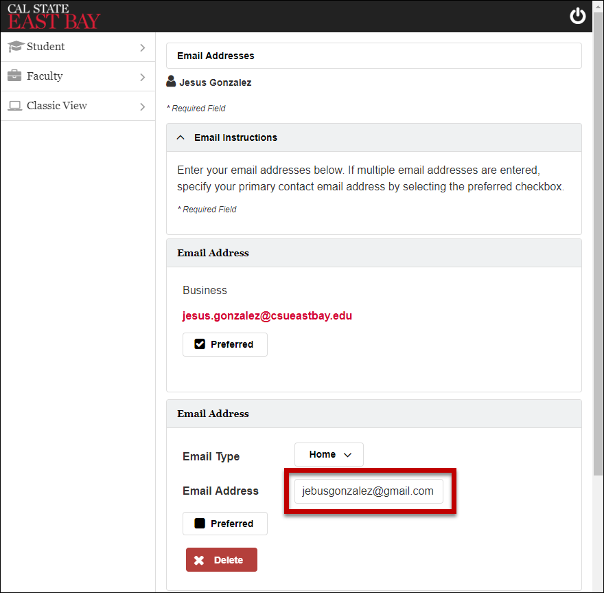 email field highlighted