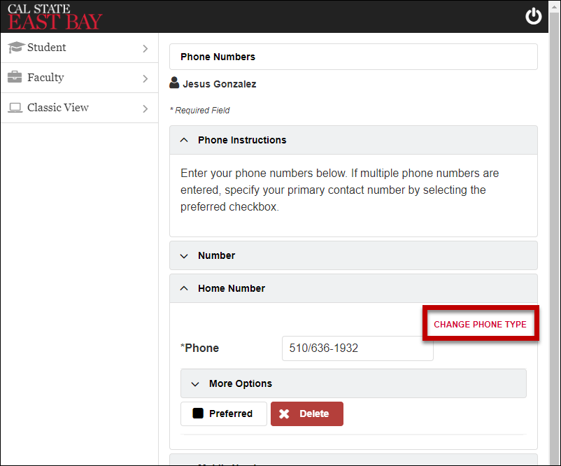 change phone number type highlighted