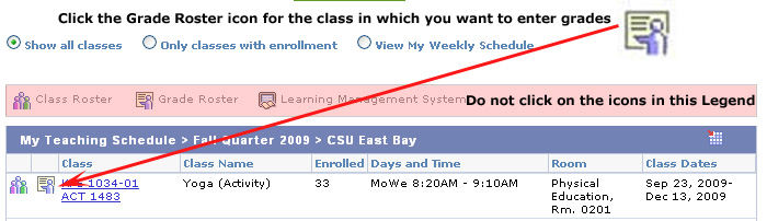 Click the grade roster icon for the class in which you want to enter grades