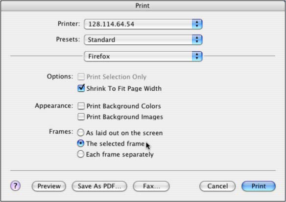 Print popup displaying printer IP number, Presets = Standard, Browser = Firefox. Options: Shrink to Fit Page Width. Frames: The Selected Frame.