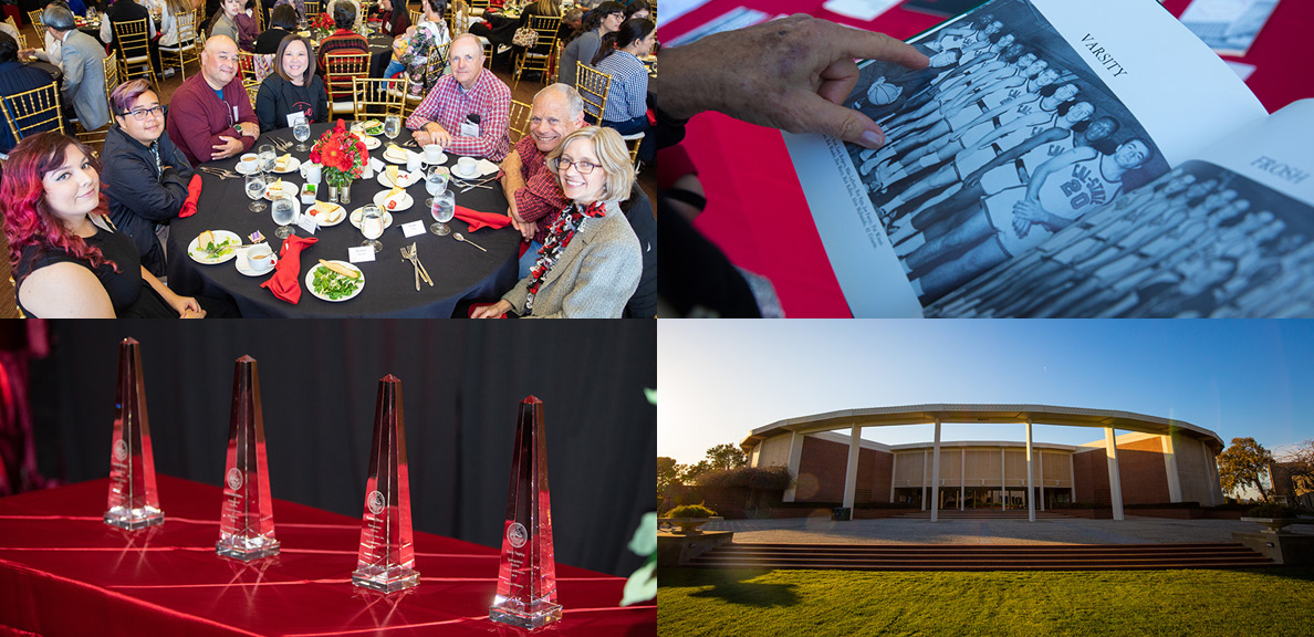 Four photos - people at a table, a yearbook opened, awards plaques, the music building. 