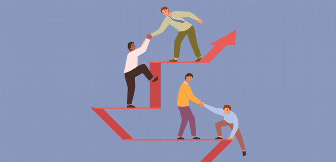 Graphic showing people helping each other up steps