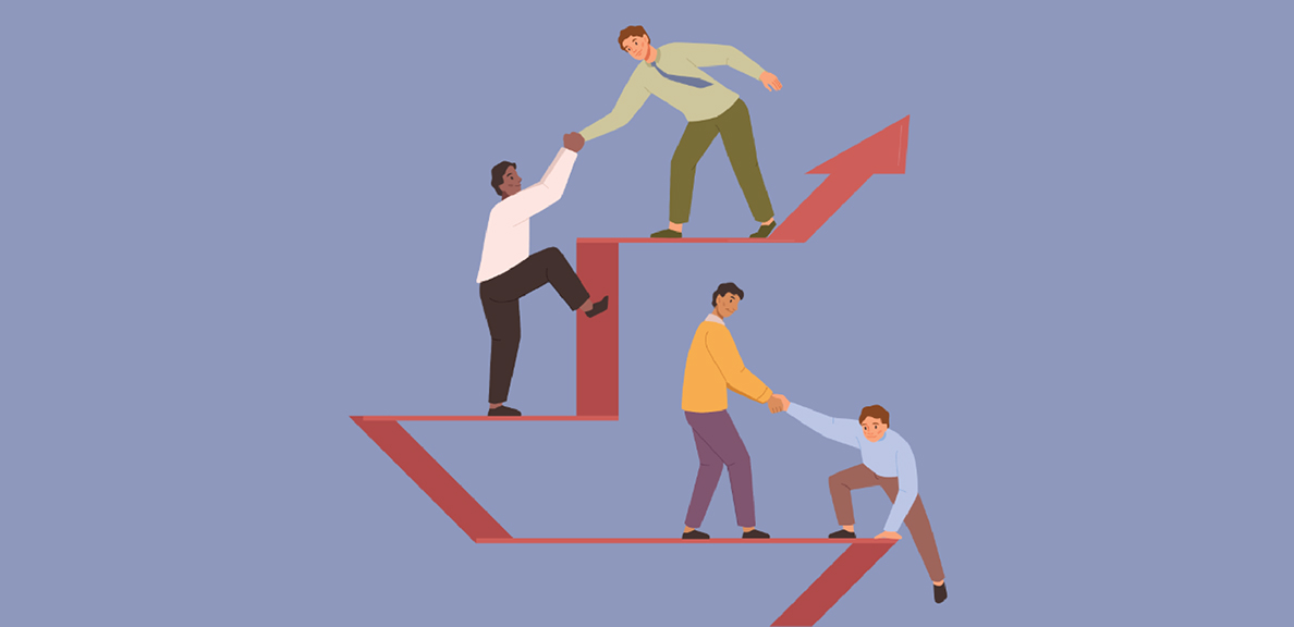 Graphic showing people helping each other up steps