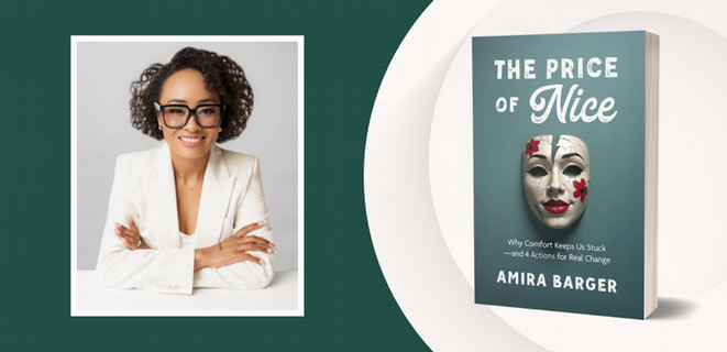 Photograph of Amira Barger next to a photograph of her book cover 