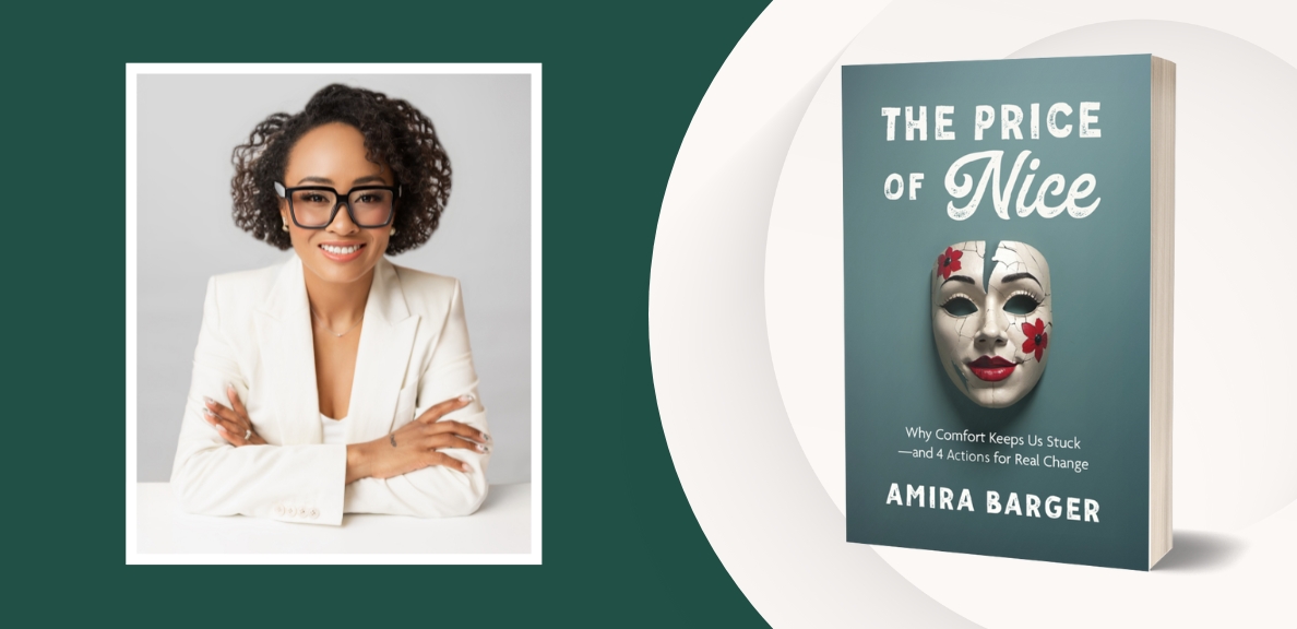 Photograph of Amira Barger next to a photograph of her book cover 
