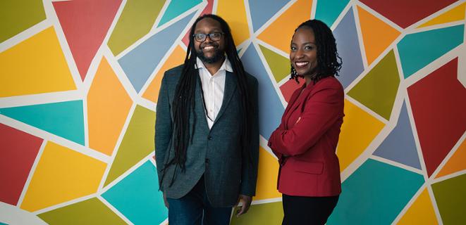 Steven Cleveland and Sarah Aubert with colorful background