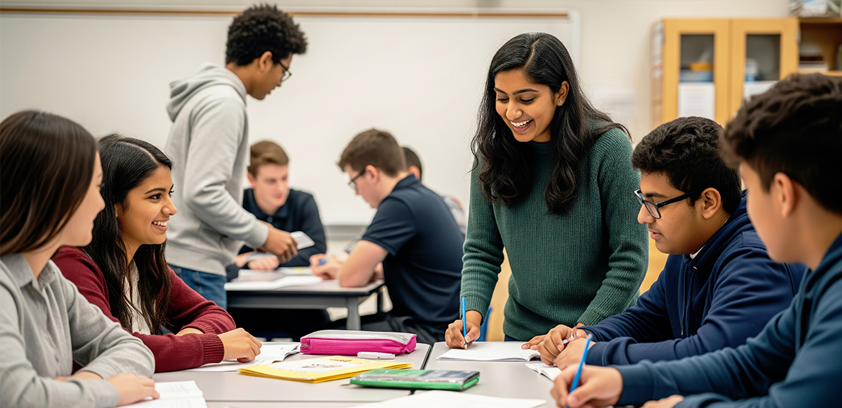 Students in a classroom writing in groups