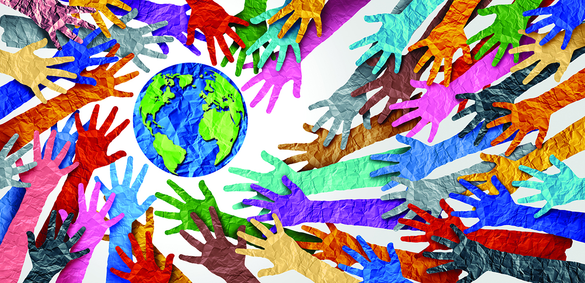 Illustration of hands reaching toward planet Earth