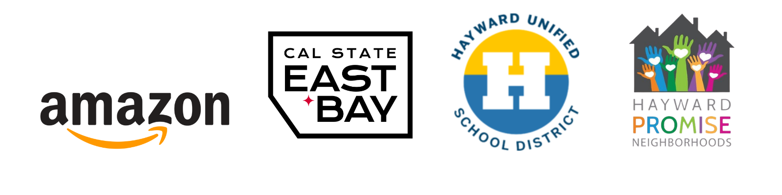 Logos of Amazon, Cal State East Bay, Hayward Unified School District, and Hayward Promise Neighborhoods
