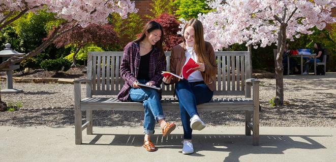 Students sitting on a bench in springtime