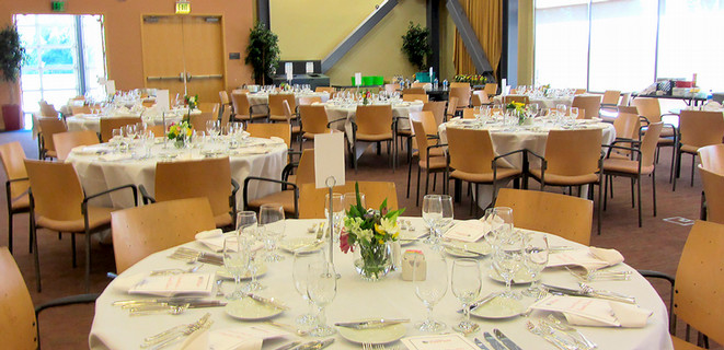 A dinner setting at the Cal State East Bay multipurpose room