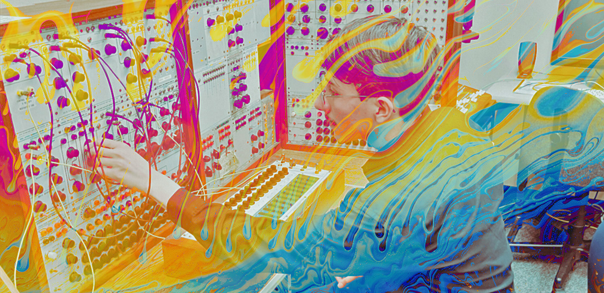 Photo of a music student with a psychedelic drip graphic overlay