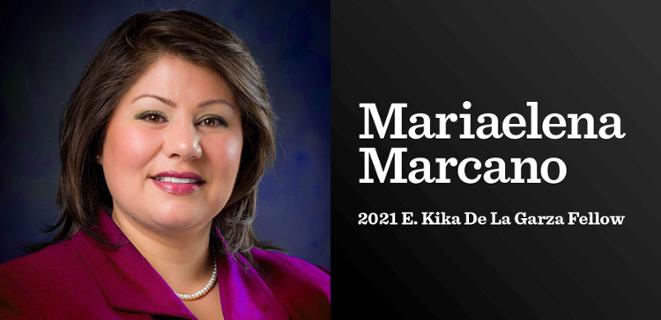 Headshot of Mariaelena Marcano with the words 2021 E. Kika De La Garza Fellow