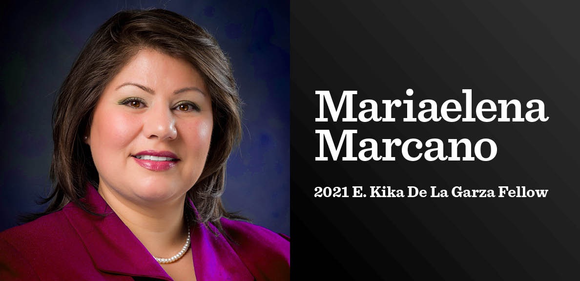 Headshot of Mariaelena Marcano with the words 2021 E. Kika De La Garza Fellow