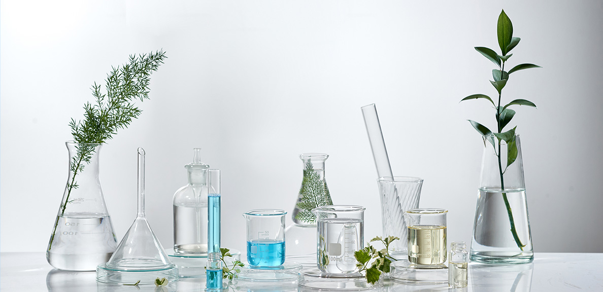 Photograph of plant stems and laboratory glassware such as beakers and flasks