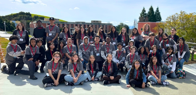 MESA students sitting at the Hayward campus CORE building