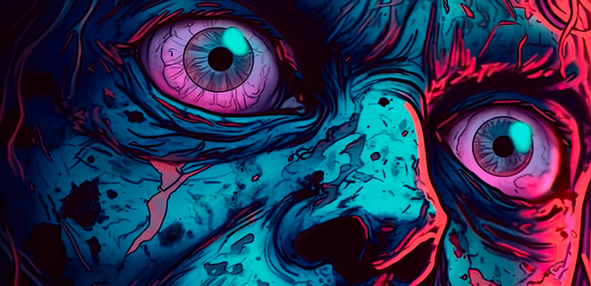 Close-up illustration of a retrowave zombie