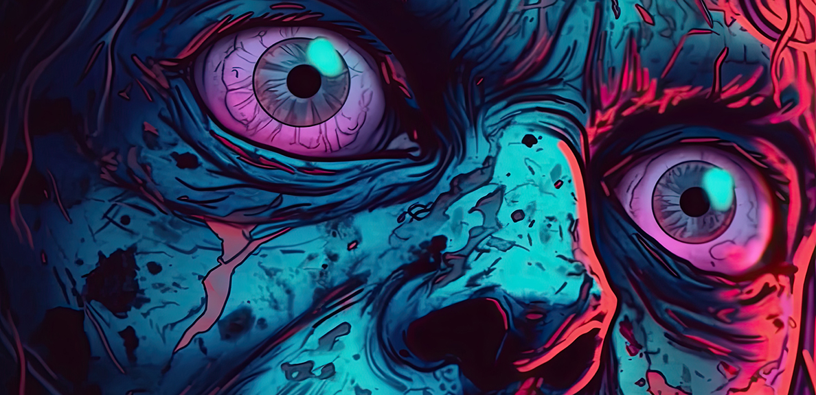 Close-up illustration of a retrowave zombie
