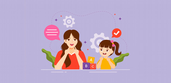 Graphic of a speech language pathologist working with a child