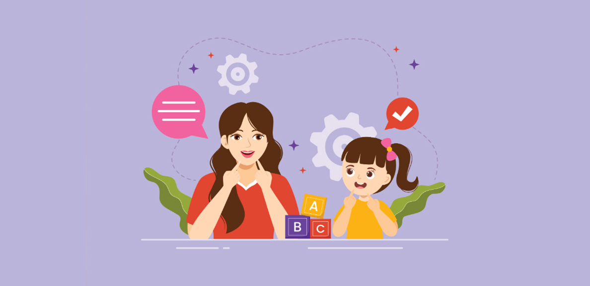 Graphic of a speech language pathologist working with a child