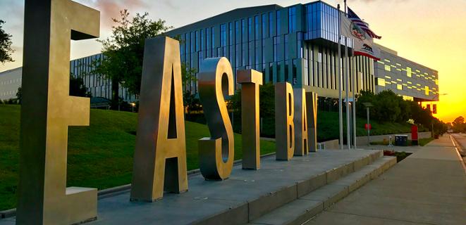 Cal State East Bay letters at sunset