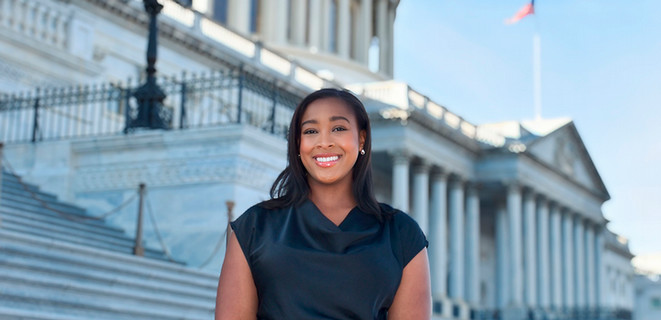 Cal State East Bay senior Karrington Hendrix on the steps of the Capitol Building