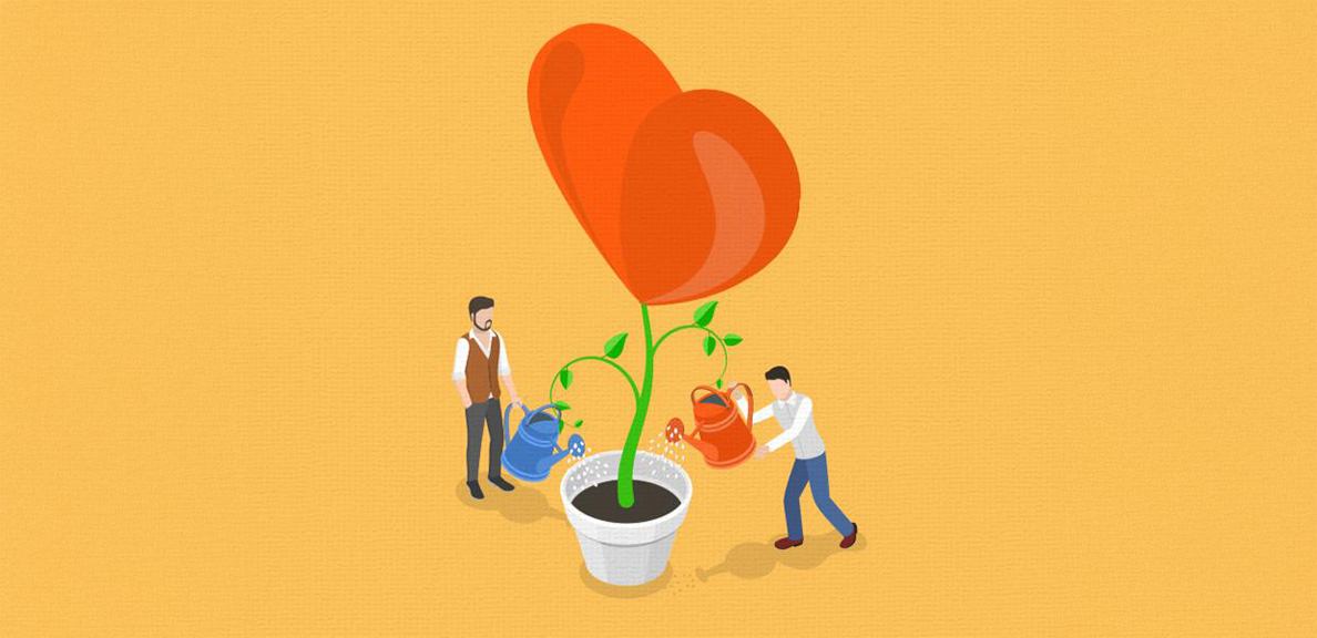 Graphic of two cartoon people watering a plant and a heart is blooming from it.