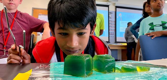 Kid takes a close look at green jello-like material