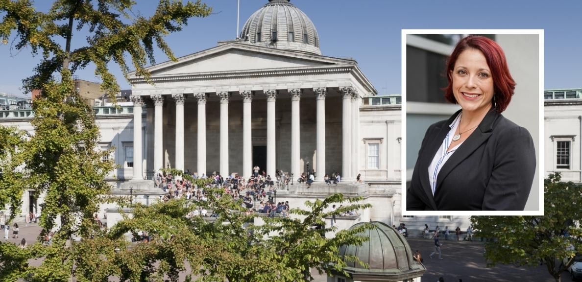 Backdrop of UCL and a portrait of Kate Strom