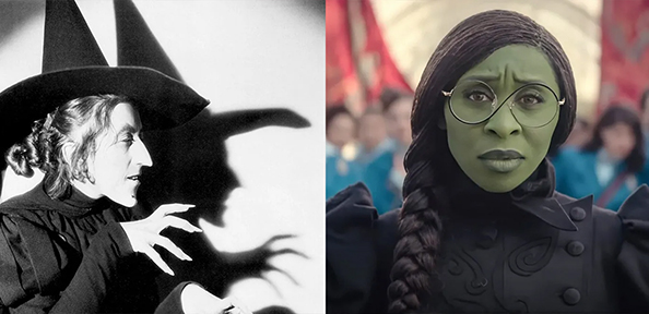 A split-screen image of the Wicked Witch from Wizard of Oz (1939) vs. Elphaba from Wicked (2024)