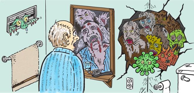 Man staring into bathroom mirror with zombies